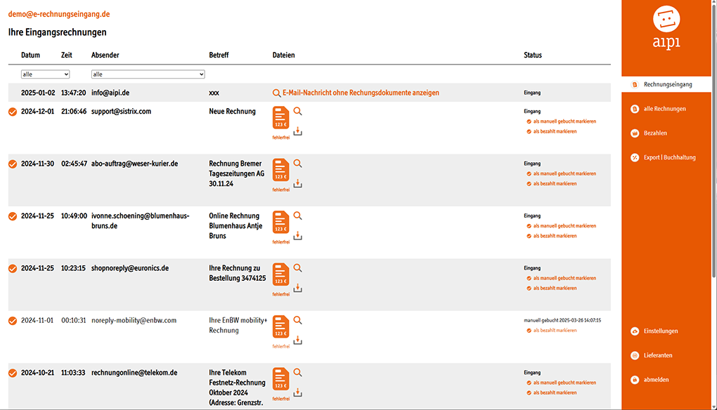 Screenshot E-Rechnungseingang